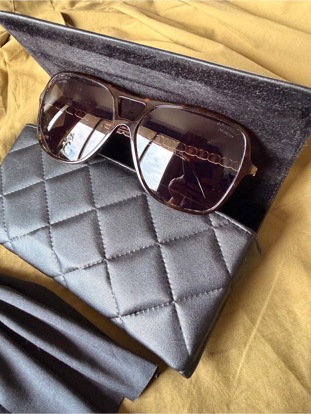 Chanel Tortoise Sunglasses with Chain Detail + Case